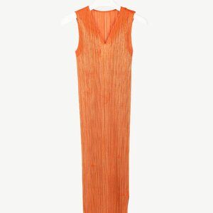 Pleats Please Issey Miyake Orange Metallic-Pattern Sleeveless Maxi Dress